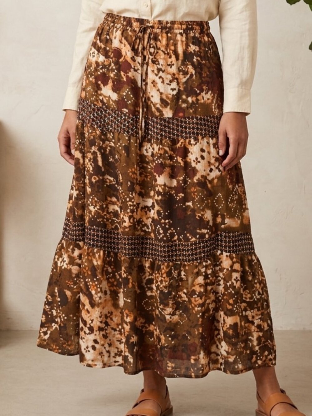 Batik Boho Tiered Drawstring Flowy Stretchy Maxi Skirt Brown Earthy Fall Size 16